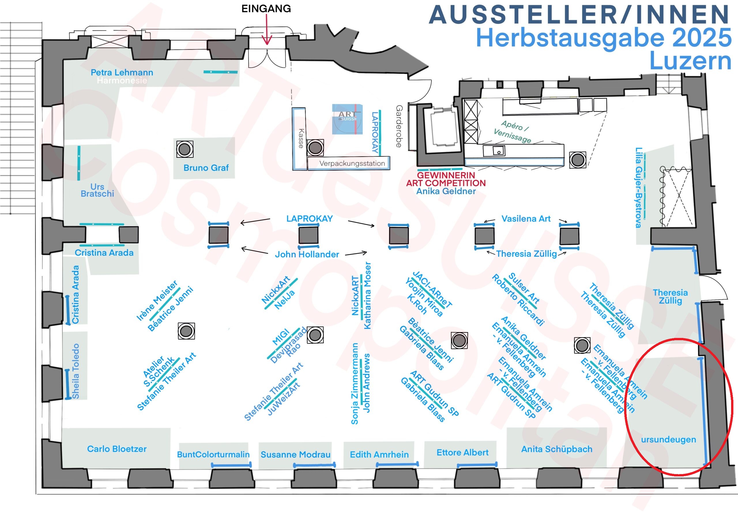 Standplan der Kunstmesse ART deSUISSE 2025 in der Kornschütte Luzern mit dem Ausstellungsstand von Urs & Eugen, zeitgenössische Kunst aus Zürich.
