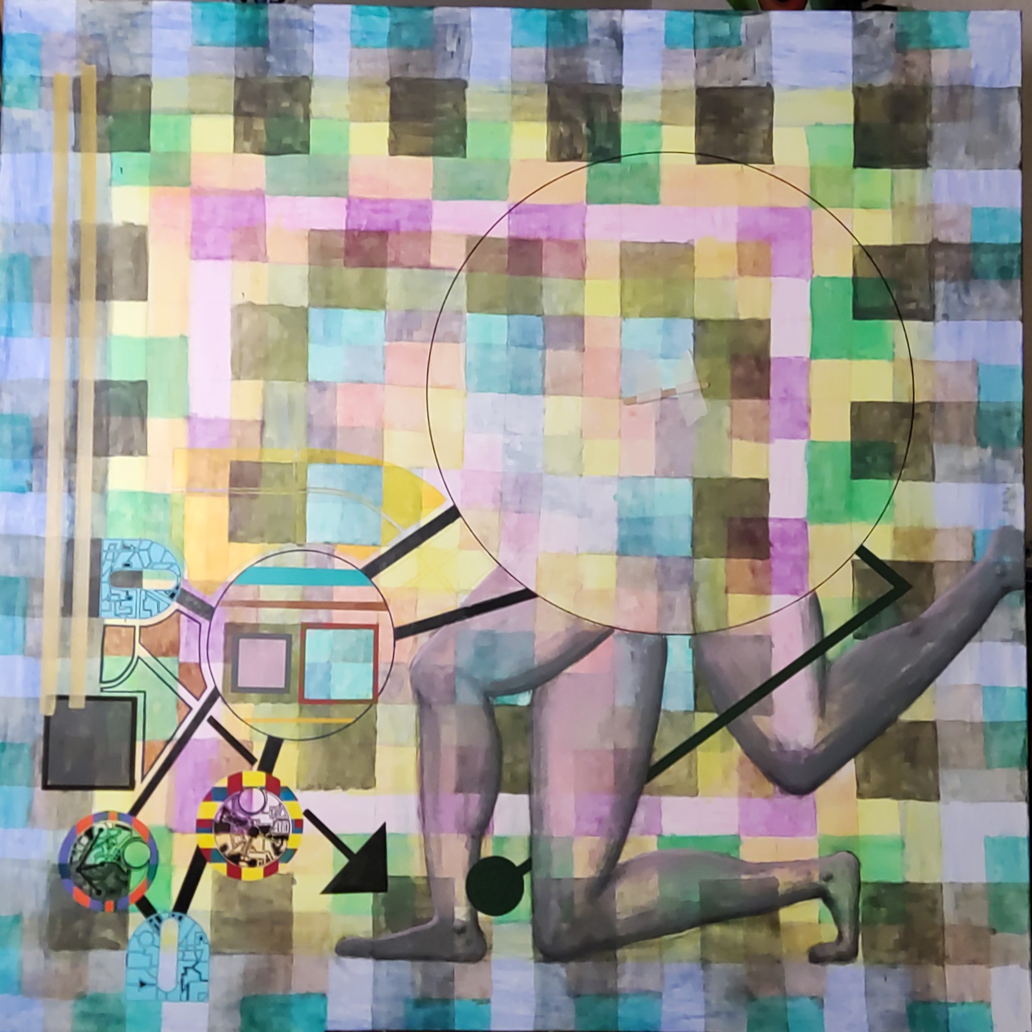 Anfangsphase des Gemäldes „What the Heck“ von Urs Noser & Eugen Lötscher – schemenhafte Figur in Bewegung, geometrische Linien und Rasterstruktur in sanften Farbtönen, 130 × 130 cm, Luzern 2025.