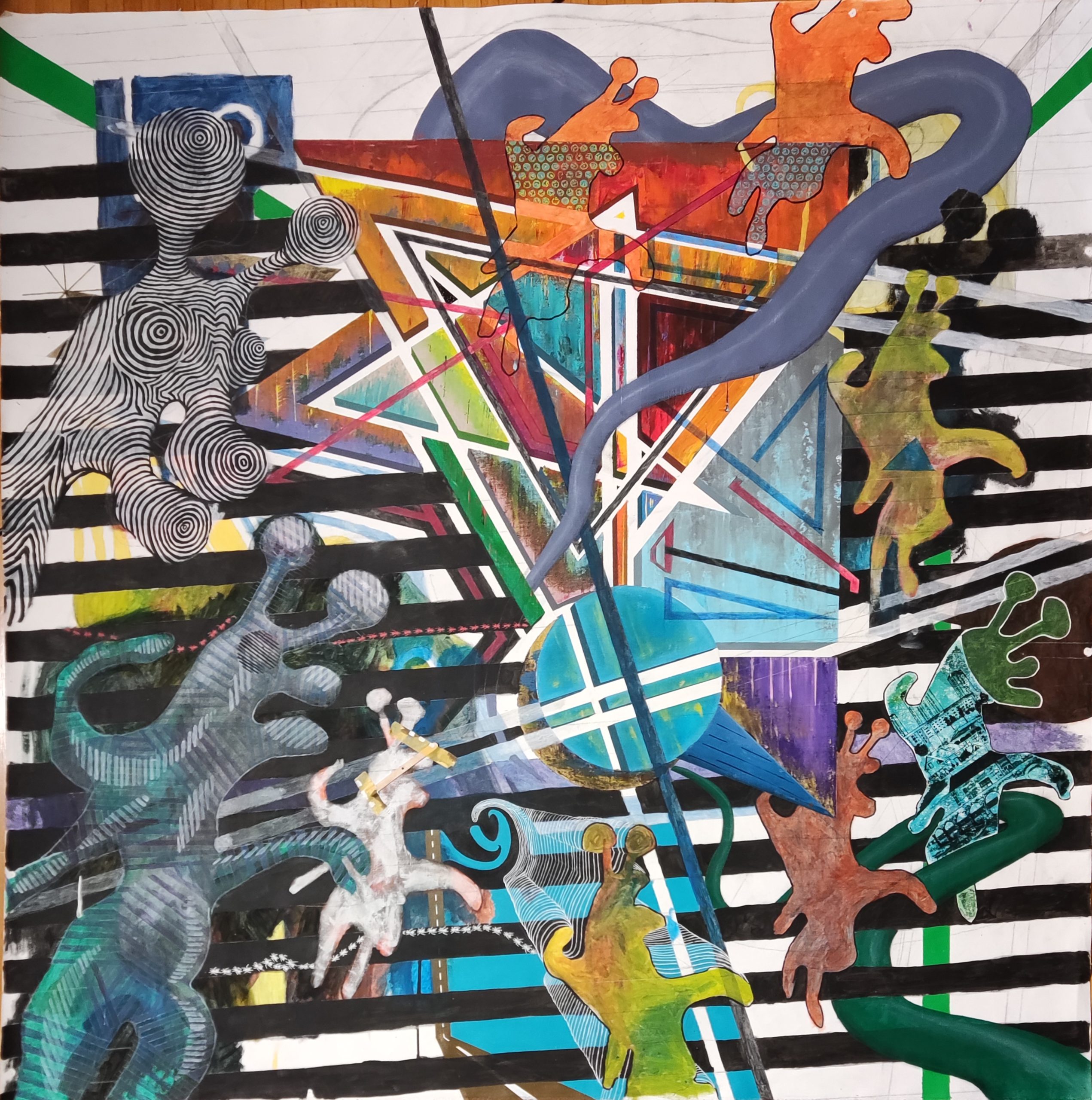 Abstraktes Mixed-Media-Gemälde von Urs Noser & Eugen Lötscher – grafische Linien, dynamische Formen und urbane Strukturen in Schwarz, Weiß und kräftigen Farben, 130 × 130 cm, Luzern 2025.