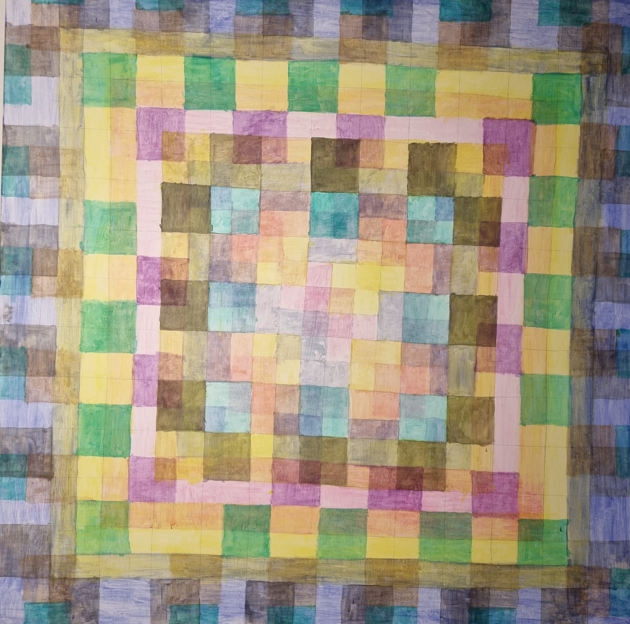 Erste Farbgrundlage des Gemäldes „What the Heck“ von Urs Noser & Eugen Lötscher – Raster aus pastellfarbenen Quadraten in Gelb, Grün, Rosa und Blau, 130 × 130 cm, Luzern 2025.