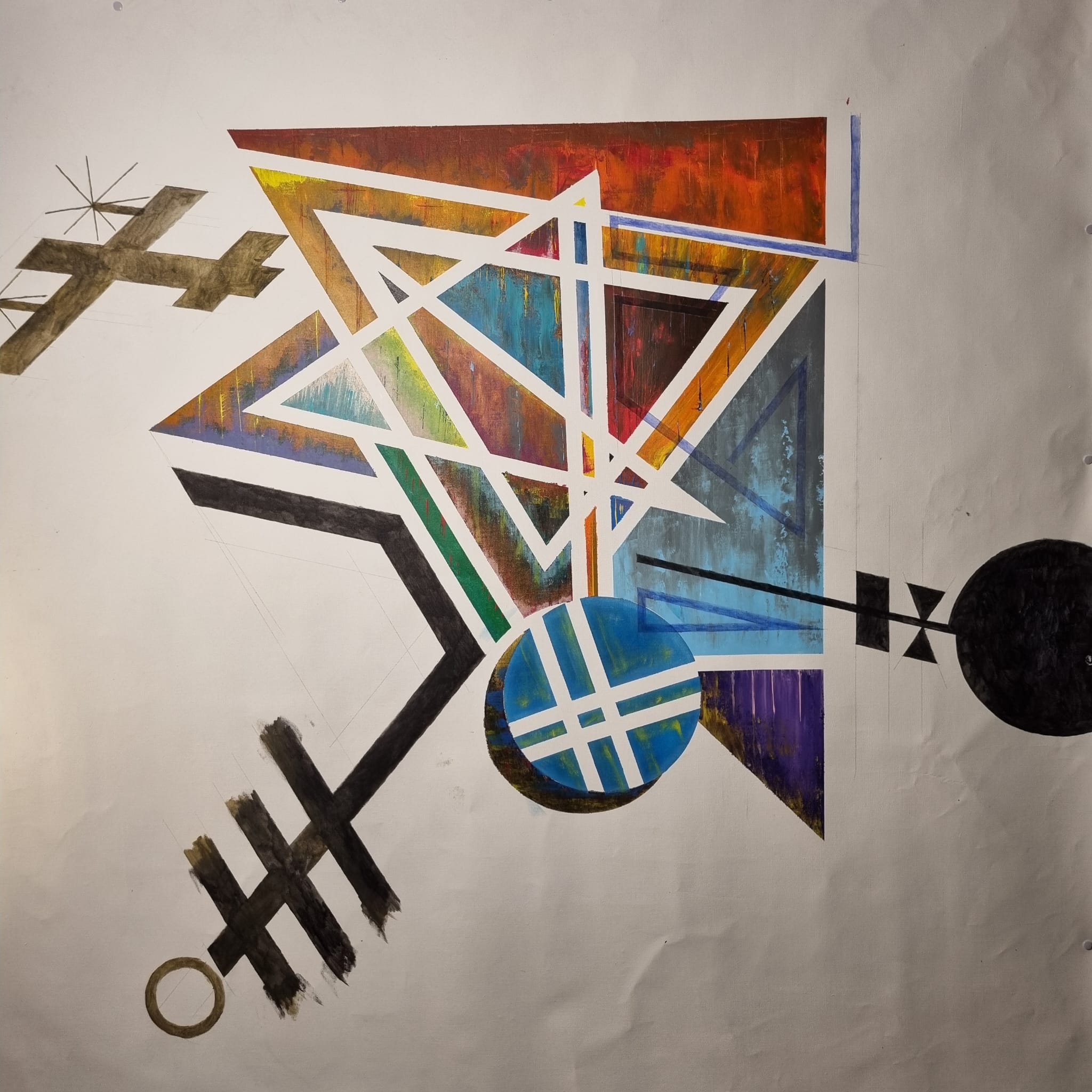 Frühe Anfangsphase des Gemäldes „In Richtung Downtown“ von Urs Noser & Eugen Lötscher – geometrische Linien, Farbflächen und Kompositionsaufbau auf großem Format, 130 × 130 cm, Luzern 2025.