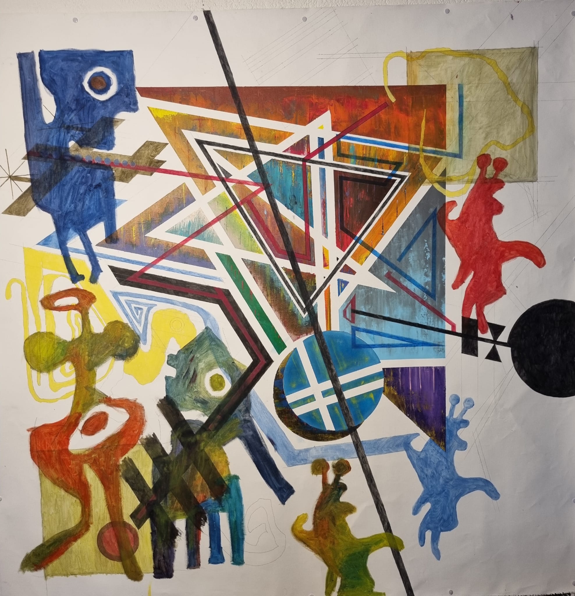 Frühe Entstehungsphase des Mixed-Media-Gemäldes „In Richtung Downtown“ von Urs Noser & Eugen Lötscher – geometrische Linien, kräftige Primärfarben, figurative Ansätze, 130 × 130 cm, Luzern 2025.
