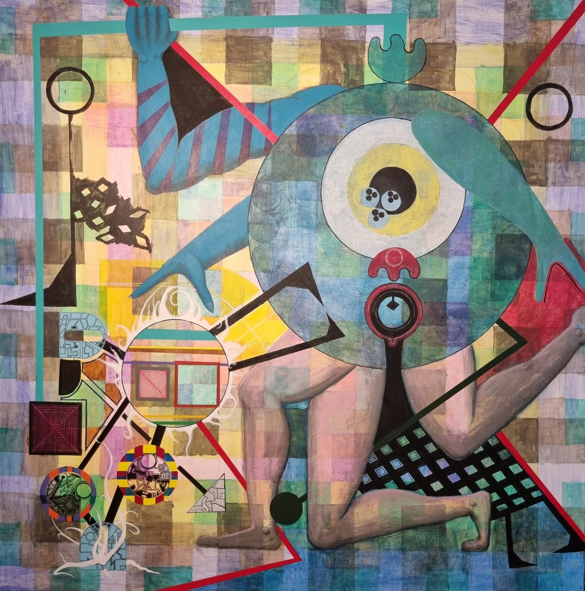 Entstehungsphase des Mixed-Media-Gemäldes „Big Eye Running“ von Urs Noser & Eugen Lötscher – surreal anmutende Figur mit großem Auge, geometrischen Symbolen und leuchtenden Farbfeldern, 130 × 130 cm, Luzern 2025.