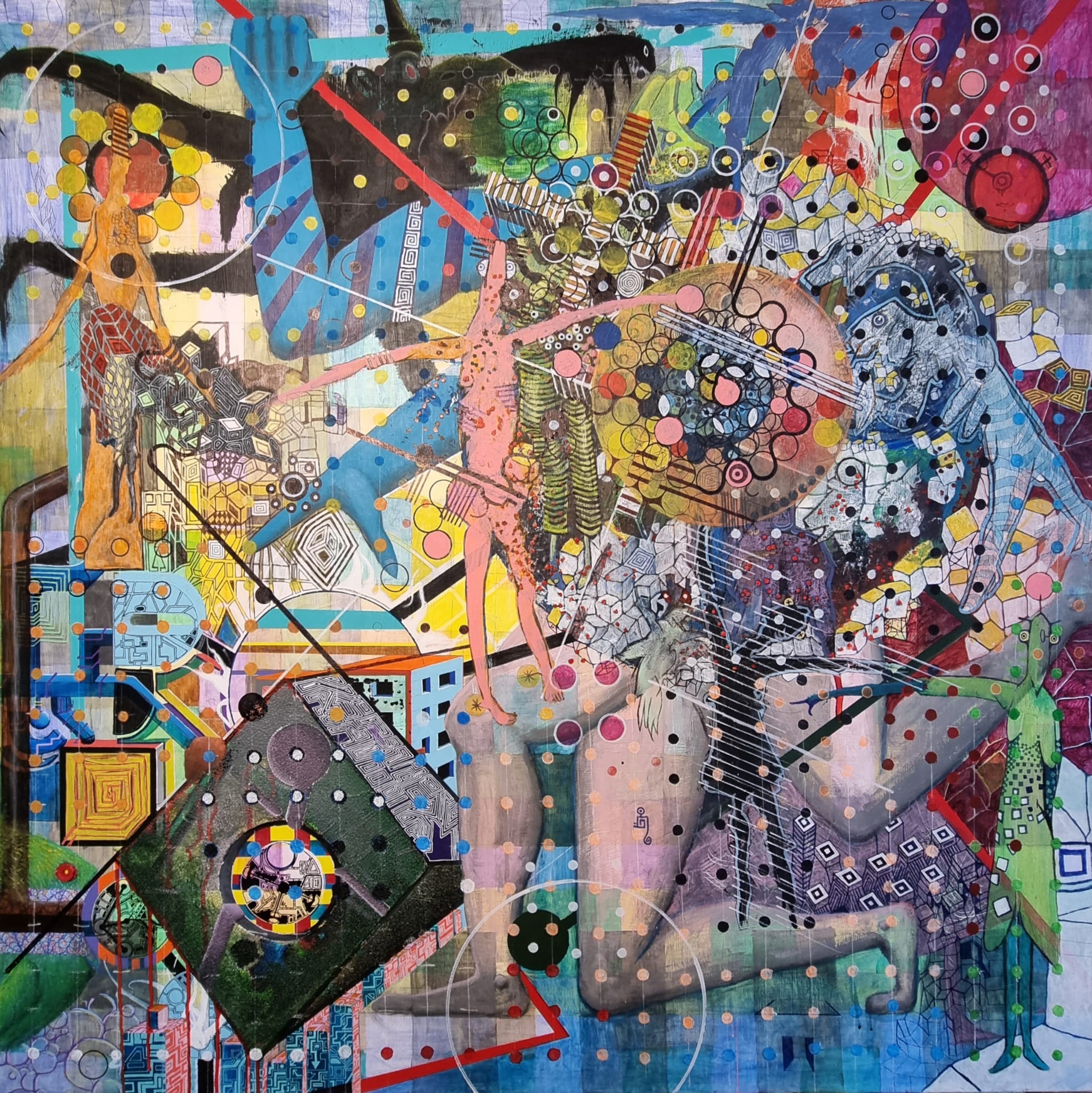 Abstraktes Mixed-Media-Gemälde von Urs Noser & Eugen Lötscher – farbintensive Komposition mit figurativen und geometrischen Elementen, 130 × 130 cm, Luzern 2025.