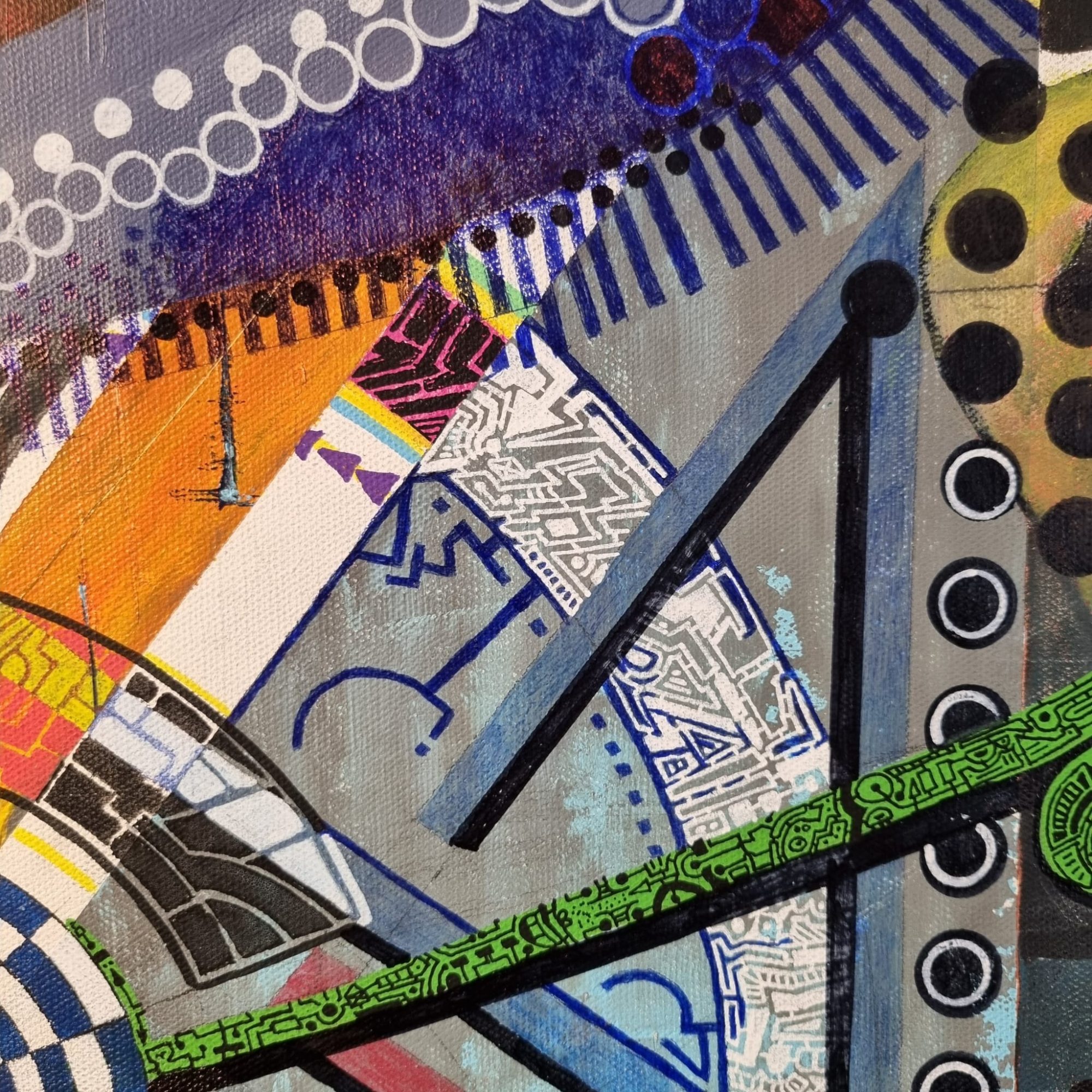 Detailansicht aus dem Mixed-Media-Werk „Strukturfeld“ von Urs & Eugen, 2025 – präzise Linien, Farbfelder und geometrische Strukturen auf Leinwand.