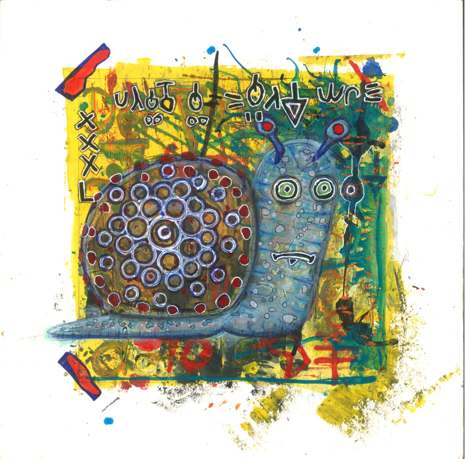 Gemälde „Die Schnecke“ – eine große, farbintensive Schnecke mit grafischen Mustern, Symbolzeichen und gelbem Hintergrund. Mixed Media auf Papier, 30 × 30 cm, Urs Noser & Eugen Lötscher, 2025.